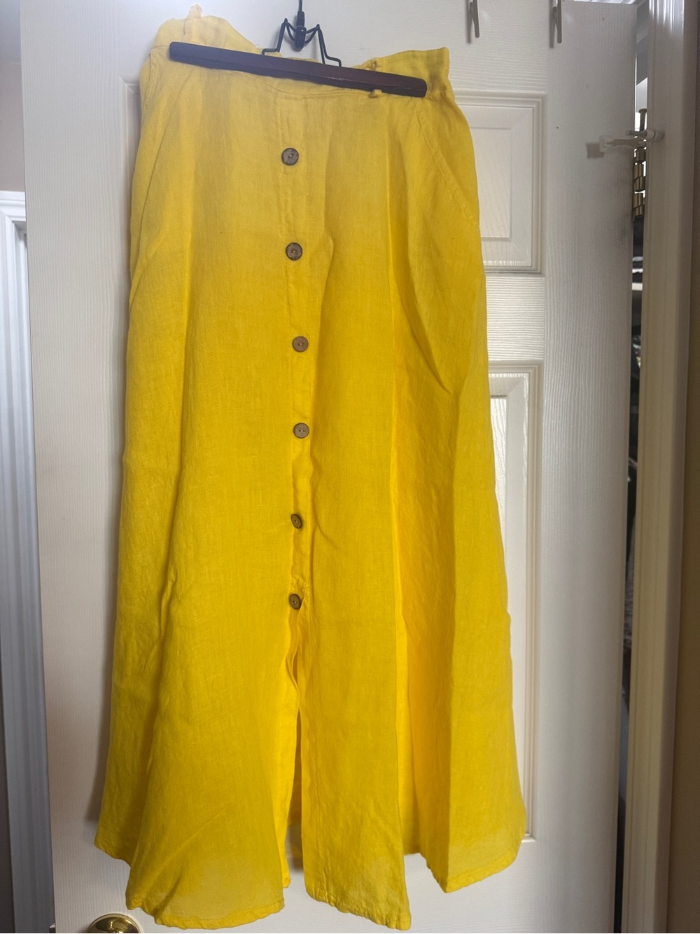 Bright Yellow Button-Front Linen Midi Skirt